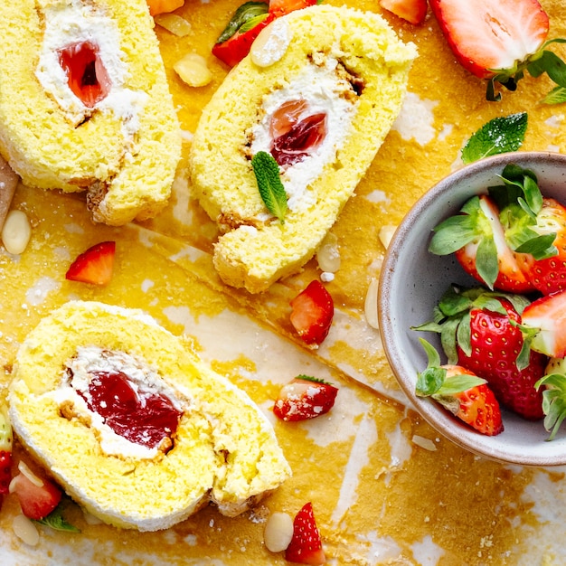 Fraise Swiss roll flat lay food photography