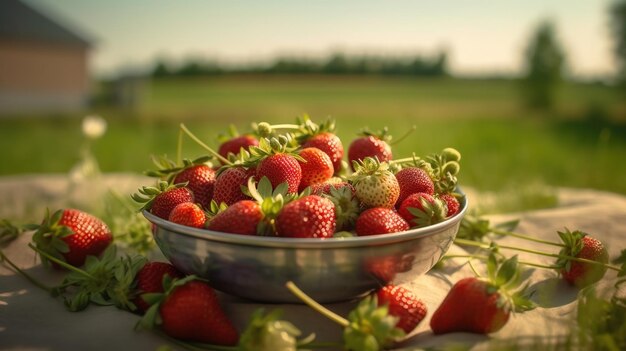 Fraises fraîchement cueillies du champ Image générée par l'IA