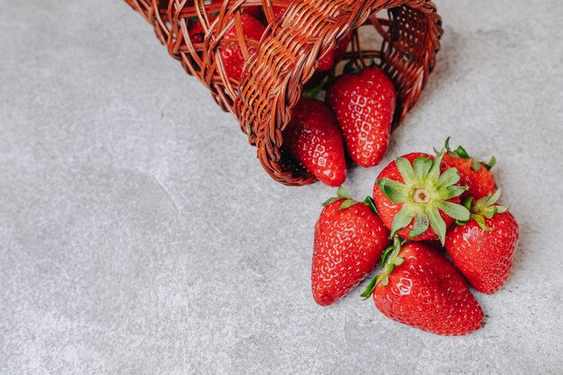 Des fraises juteuses se déversaient de façon chaotique sur un mur léger en béton. délicieux fruits en saison estivale. produits naturels et ressources naturelles.