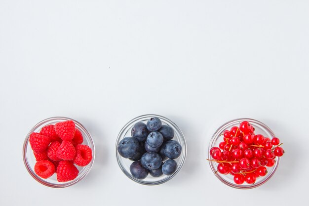 Framboises dans une soucoupe avec vue de dessus de bleuets