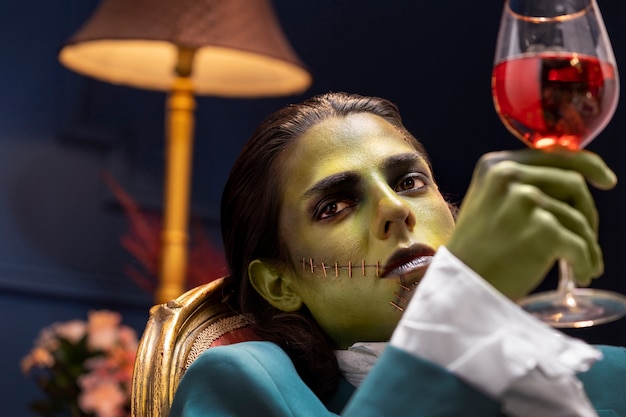 Frankenstein posant avec vue latérale sur le verre à vin