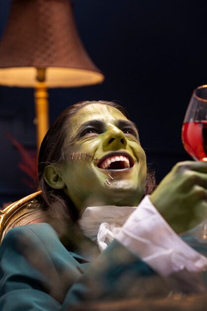 Frankenstein tenant la vue de côté de verre de vin