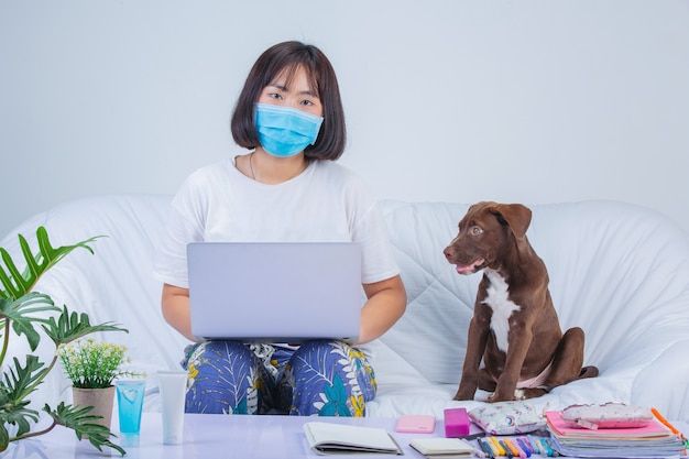 Freelance, travail à domicile - Une jeune femme travaille près d'un chien sur un canapé à la maison.