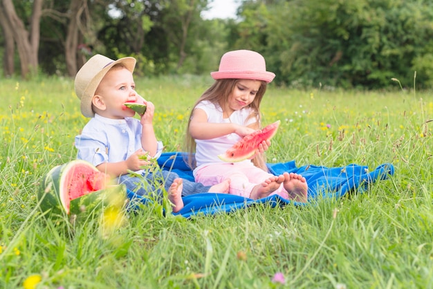 Frère et soeur assis sur une couverture bleue sur l&#39;herbe verte, manger de la pastèque