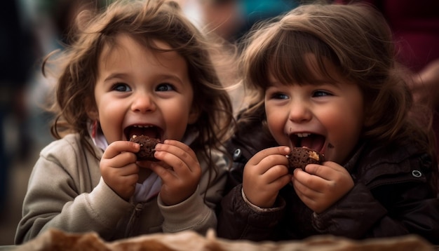 Photo gratuite frères et sœurs caucasiens souriants appréciant le chocolat à l'extérieur en hiver généré par l'ia