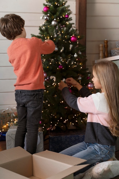 Frères et sœurs décorant l'arbre de Noël ensemble