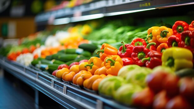 Fruits et légumes assortis dans un magasin d'épicerie brouillés pour un effet de fond