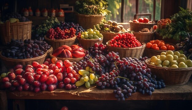 Fruits et légumes biologiques frais dans un panier en osier générés par l'IA