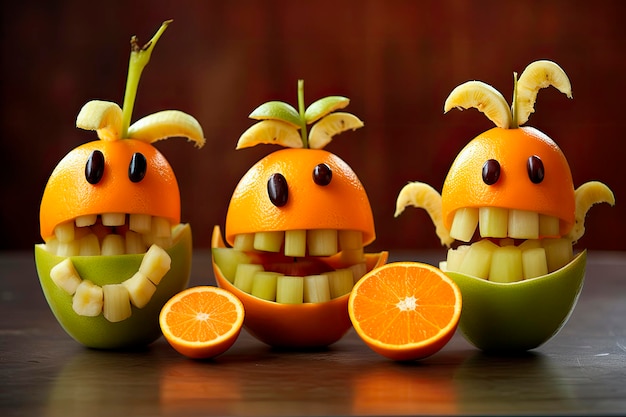 Photo gratuite fruits sains, friandises d'halloween, citrouilles orange et montures de monstres aux pommes