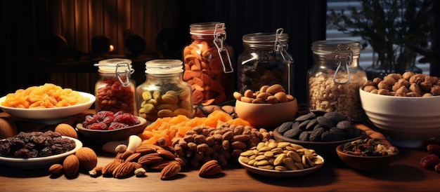 Photo gratuite fruits secs et noix affichés sur une table de cuisine avec un espace de copie
