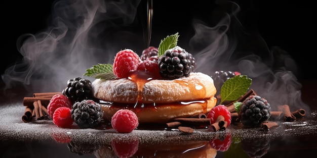 Photo gratuite la fumée d'un donut arrosé de sirop et de baies sur une assiette