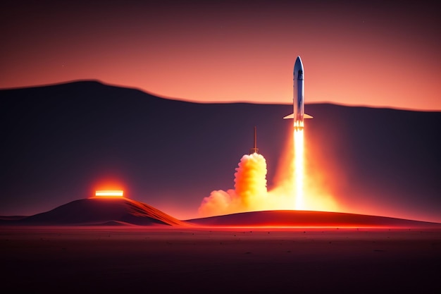 Une fusée décolle d'un désert avec des montagnes en arrière-plan.