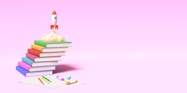 La fusée jouet décolle des livres crachant de la fumée sur un fond rose. symbole de désir d'éducation et de connaissance. illustration de l'école. rendu 3d.