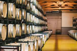 Photo gratuite fûts de vin en bois stockés dans une cave pendant le processus de fermentation