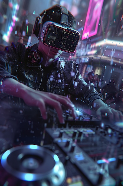 Photo gratuite futuristic dj using virtual reality glasses to headline party and play music