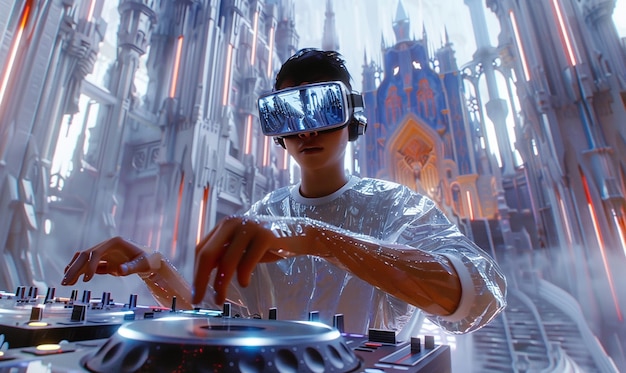 Photo gratuite futuristic dj using virtual reality glasses to headline party and play music