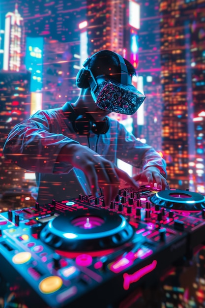 Photo gratuite futuristic dj using virtual reality glasses to headline party and play music