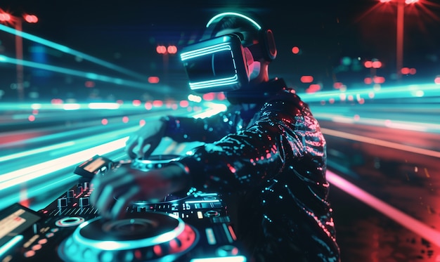 Photo gratuite futuristic set with dj in charge of music using virtual reality glasses