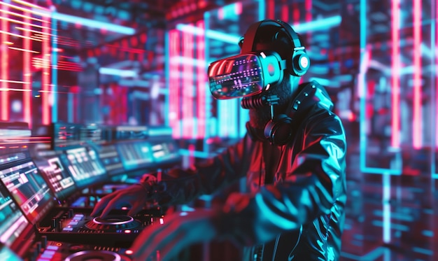 Photo gratuite futuristic set with dj in charge of music using virtual reality glasses