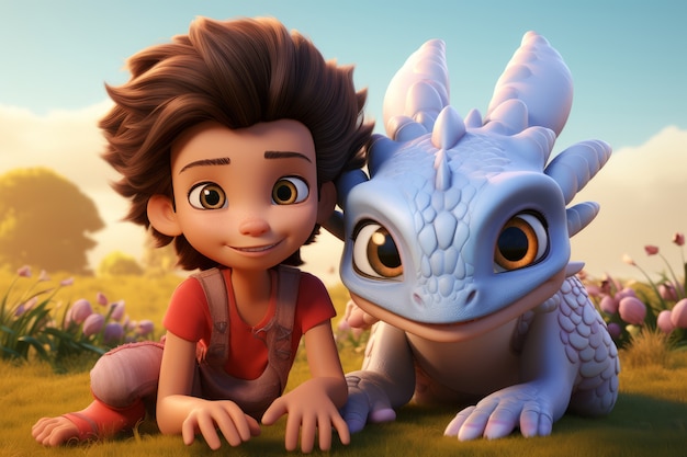 Photo gratuite un gamin en 3d et un dragon qui traînent ensemble.