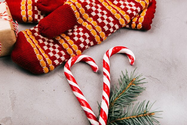 Gants chauds d&#39;hiver, bonbons blancs rouges et sapin sur le plancher gris