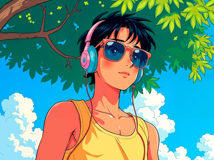 Photo gratuit un garçon d'anime appréciant la musique en été