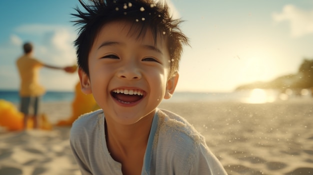 Photo gratuite un garçon asiatique qui s'amuse à la plage.