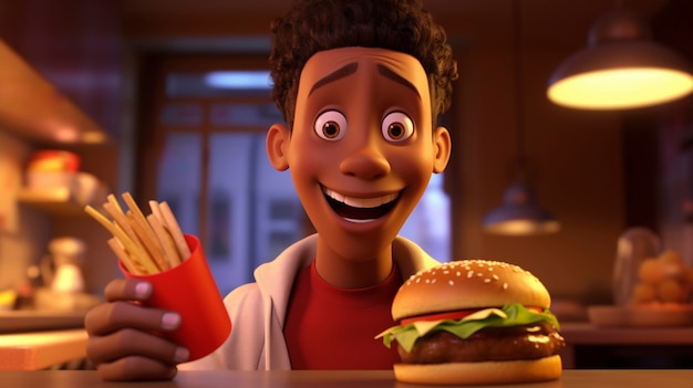 Un garçon de dessin animé avec un hamburger