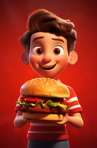 Photo gratuite un garçon de dessin animé avec un hamburger