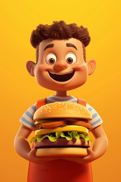 Photo gratuite un garçon de dessin animé avec un hamburger