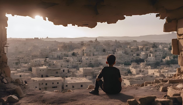 Photo gratuite un garçon est assis dans les ruines d'une vieille maison dans la ville d'umm qais