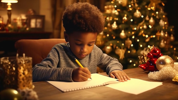 Photo gratuite un garçon noir écrit avec enthousiasme une lettre au père noël