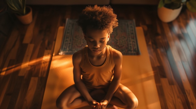 Photo gratuite un garçon noir qui pratique le yoga.