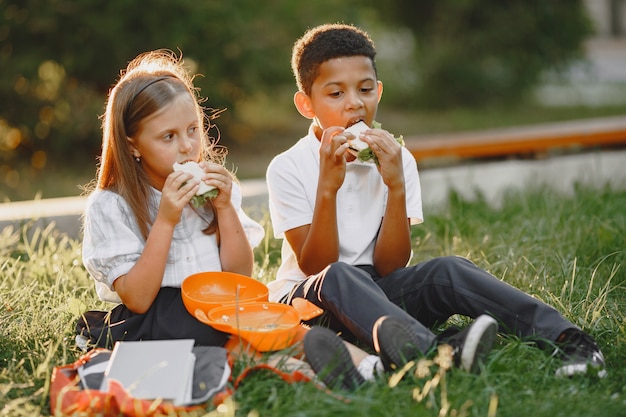 Garçon et petite fille métisse dans le parc