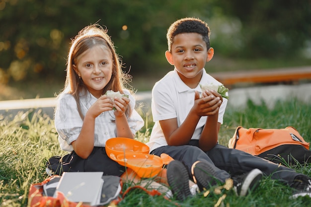 Garçon et petite fille métisse dans le parc