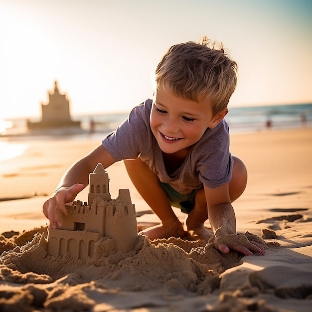 Garçon plein plan jouant sur la plage