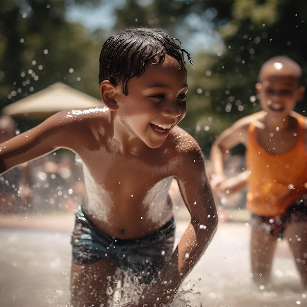 Photo gratuite un garçon souriant éclaboussant de l'eau dans la piscine avec ses amis