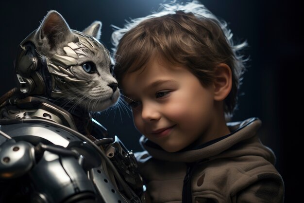 Un garçon de taille moyenne étreint un chat.
