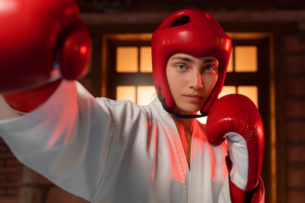 Un garçon de taille moyenne pratiquant le taekwondo.