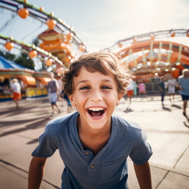 Photo gratuite garçon vue de face s'amusant au parc aventure