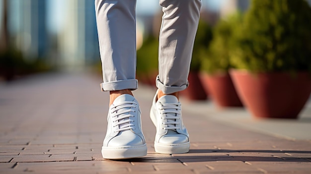 Photo gratuite un gars à la mode complète son pantalon bleu avec des baskets blanches