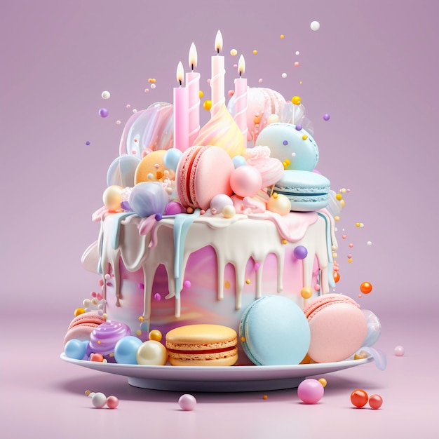 Gâteau 3D avec des bougies allumées sur le dessus et des macarons