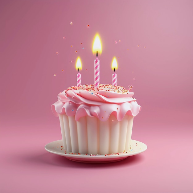 Un gâteau d'anniversaire 3D avec des bougies allumées sur le dessus