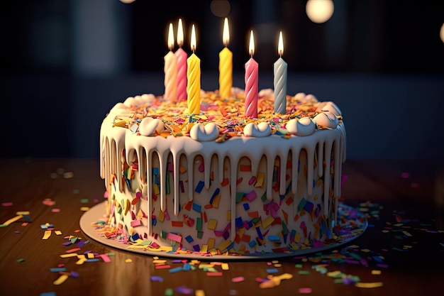Gâteau d'anniversaire avec bougies colorées sur table en bois et fond noir Ai générative