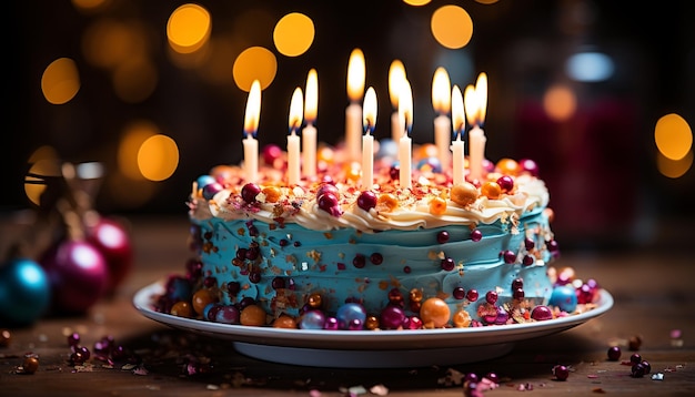 Photo gratuite un gâteau d'anniversaire avec des bougies, du glaçage au chocolat et des décorations colorées générées par l'intelligence artificielle.