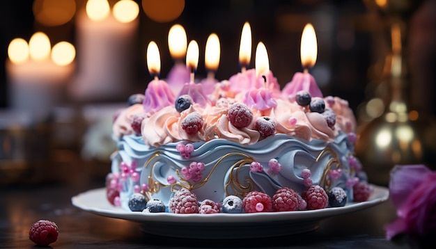 Photo gratuite gâteau d'anniversaire avec glaçage au chocolat, framboise et décoration à la fraise généré par l'intelligence artificielle