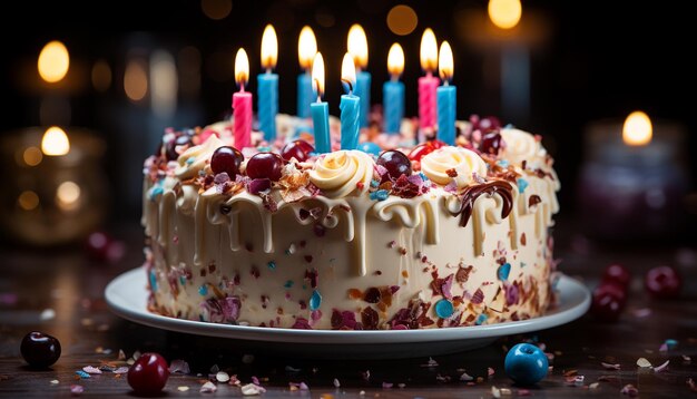 Photo gratuite gâteau d'anniversaire avec glaçage au chocolat, tranche de fraise et flamme de bougie générée par l'intelligence artificielle