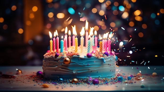 Photo gratuite le gâteau d'anniversaire orné de glaçages de bougies et de décorations vibrantes