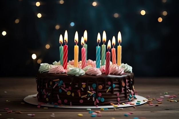 Gâteau au chocolat d'anniversaire avec des bougies colorées sur une table en bois et fond bleu Ai générative
