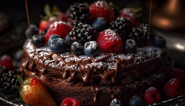 Gâteau au fromage aux baies sucrées avec sauce au chocolat et aux framboises généré par AI